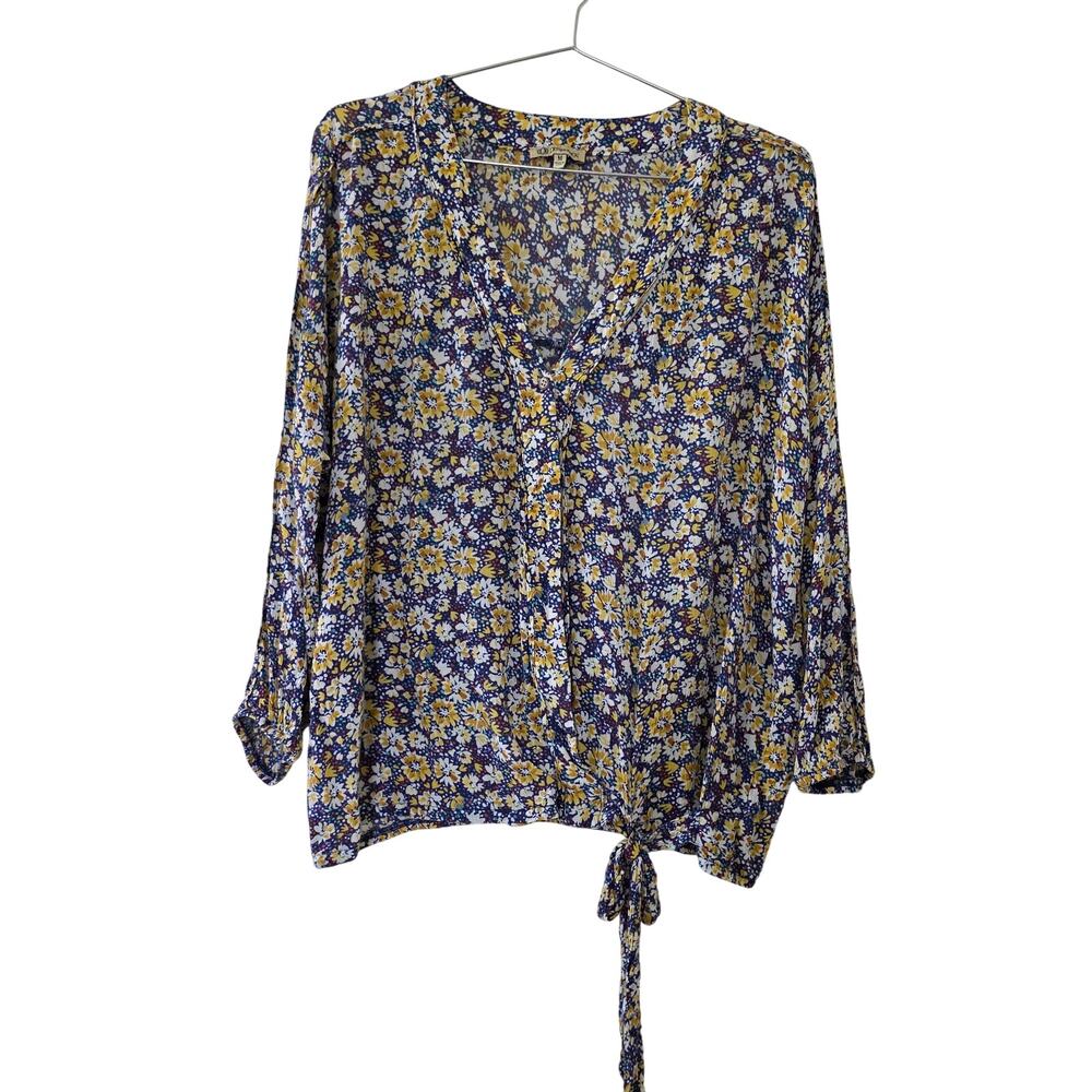 Democracy Floral Tie Front Blouse Navy Mustard Womens Size M
